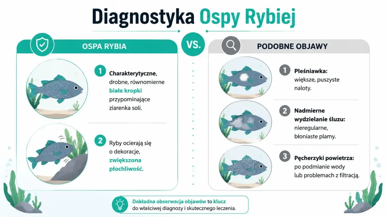 Ospa rybia objawia się drobnymi białymi kropkami, ryby ocierają się o dekoracje. Podobne objawy to pleśniawka, nadmierny śluz lub pęcherzyki powietrza.