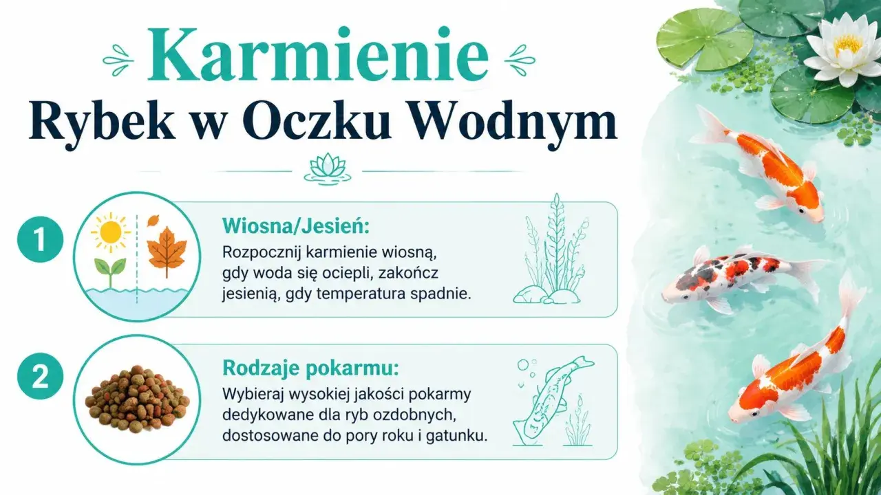 Karpie w oczku wodnym jedzą specjalne pokarmy. Wiosną i jesienią karmienie zależy od temperatury wody.