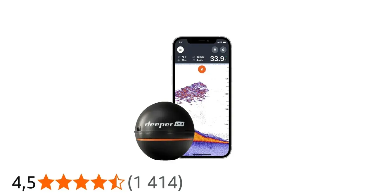 Sonar Deeper PRO i smartfon z aplikacją pokazującą głębokość i strukturę dna. Idealny do łowienia ryb, zapewnia głębszy start w wędkarskie przygody.