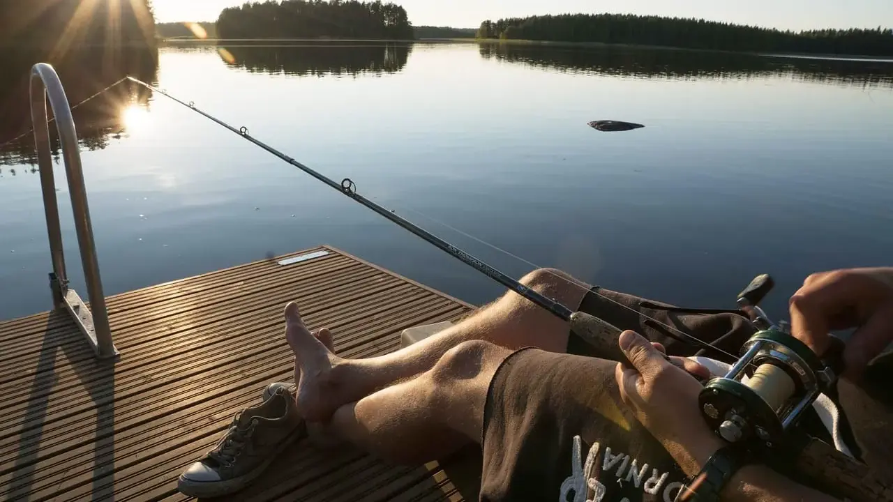 Relaks na pomoście nad jeziorem Wysoka. Słońce zachodzi, a wędkarz czeka na branie.