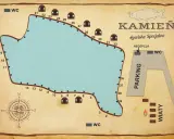Mapa łowiska Kamień z zaznaczonymi stanowiskami, WC, parkingiem i recepcją. Idealne miejsce na wędkarską przygodę.