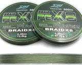 Dwie szpulki plecionki wędkarskiej Miracle Fish Braid X8. Jedna ma 0.40mm (72.8kg), druga 0.35mm (67.2kg). Idealna grubość plecionki na szczupaka.