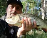 Wędkarz z dumą prezentuje złowione smużaki na klenia. Ryby błyszczą w słońcu, a w tle widać las.
