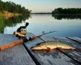 Szczupak leży na drewnianym pomoście obok wędki spinningowej. Idealna jaka wędka na spinning na takie połowy!
