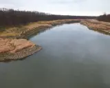 Szeroka rzeka z ciemną wodą, otoczona brzegami porośniętymi suchą trawą i lasem. Widać głębokie miejsce w rzece.