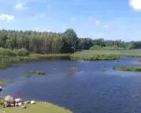 Spokojne łowisko Stojkowo z łódką przy brzegu, otoczone zielenią i lasem pod błękitnym niebem.