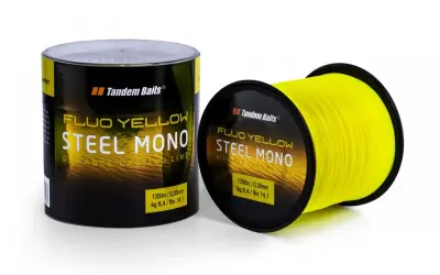 Jaka żyłka na karpia 20 kg? Tandem Baits Steel Mono Fluo Yellow 0,30mm, wytrzymałość 6,4 kg. Idealna na dalekie rzuty.