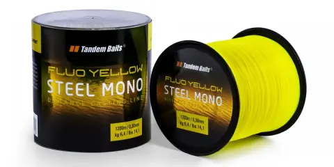 Jaka żyłka na karpia 20 kg? Tandem Baits Steel Mono Fluo Yellow 0,30mm, wytrzymałość 6,4 kg. Idealna na dalekie rzuty.