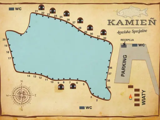 Mapa łowiska Kamień z zaznaczonymi stanowiskami, WC, parkingiem i recepcją. Idealne miejsce na wędkarską przygodę.