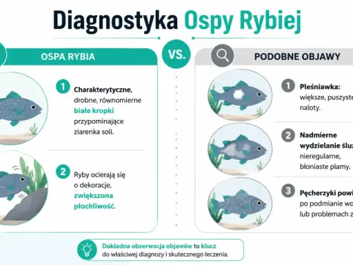 Ospa rybia objawia się drobnymi białymi kropkami, ryby ocierają się o dekoracje. Podobne objawy to pleśniawka, nadmierny śluz lub pęcherzyki powietrza.