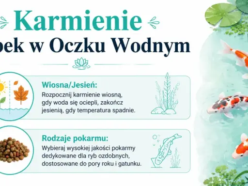 Karpie w oczku wodnym jedzą specjalne pokarmy. Wiosną i jesienią karmienie zależy od temperatury wody.