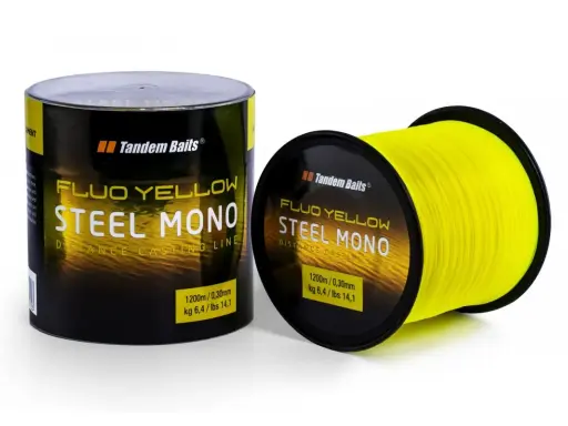 Jaka żyłka na karpia 20 kg? Tandem Baits Steel Mono Fluo Yellow 0,30mm, wytrzymałość 6,4 kg. Idealna na dalekie rzuty.