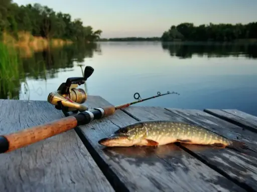 Szczupak leży na drewnianym pomoście obok wędki spinningowej. Idealna jaka wędka na spinning na takie połowy!