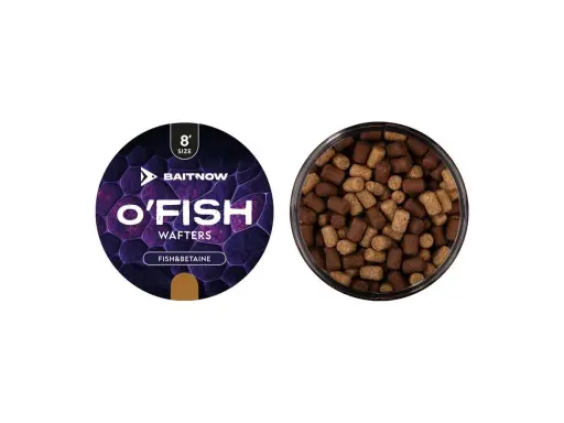 Dwa pojemniki z przynętą wędkarską. Po lewej etykieta "O'FISH Wafters Fish&Betaine", po prawej widok z góry na brązowe i beżowe kulki haczykowe.