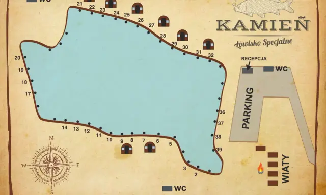 Mapa łowiska Kamień z zaznaczonymi stanowiskami, WC, parkingiem i recepcją. Idealne miejsce na wędkarską przygodę.