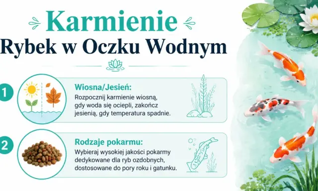 Karpie w oczku wodnym jedzą specjalne pokarmy. Wiosną i jesienią karmienie zależy od temperatury wody.