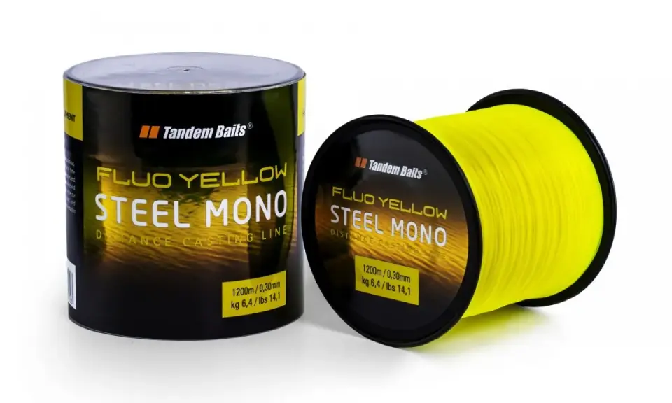 Jaka żyłka na karpia 20 kg? Tandem Baits Steel Mono Fluo Yellow 0,30mm, wytrzymałość 6,4 kg. Idealna na dalekie rzuty.