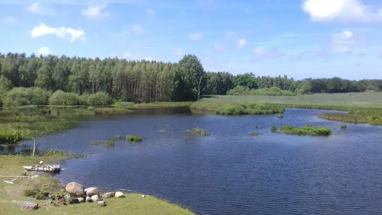 Spokojne łowisko Stojkowo z ł&oacute;dką przy brzegu, otoczone zielenią i lasem, pod błękitnym niebem z chmurami.
