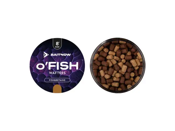 Dwa pojemniki z przynętą wędkarską. Po lewej etykieta "O'FISH Wafters Fish&Betaine", po prawej widok z góry na brązowe i beżowe kulki haczykowe.