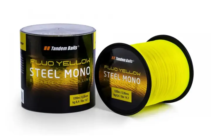 Jaka żyłka na karpia 20 kg? Tandem Baits Steel Mono Fluo Yellow 0,30mm, wytrzymałość 6,4 kg. Idealna na dalekie rzuty.